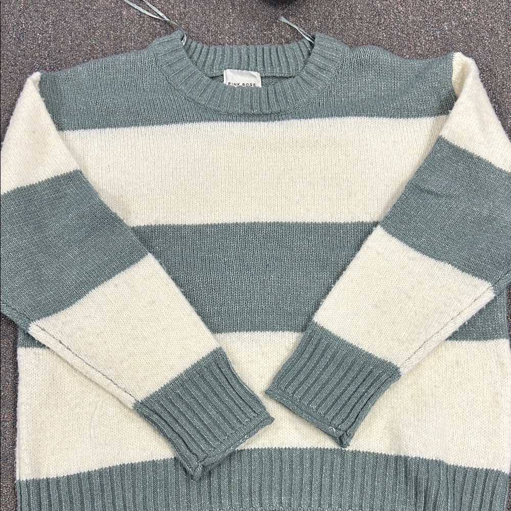 Pink Rose Green and Cream Striped Sweater